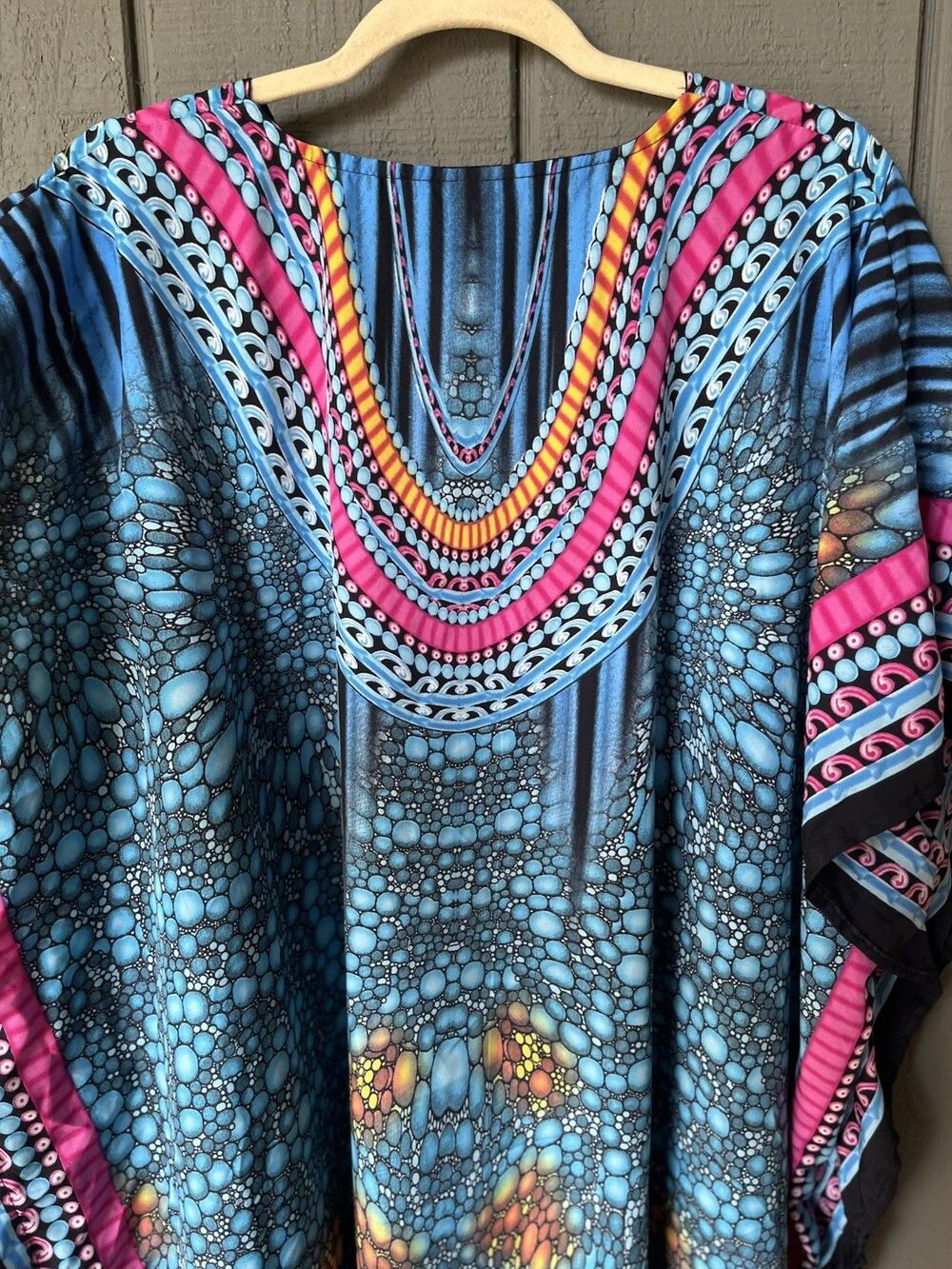 VTG Winlar Kaftan Dress Mumu Roper Romp Blue/Pink/Black Floral/Tribal Print - Picture 5 of 8